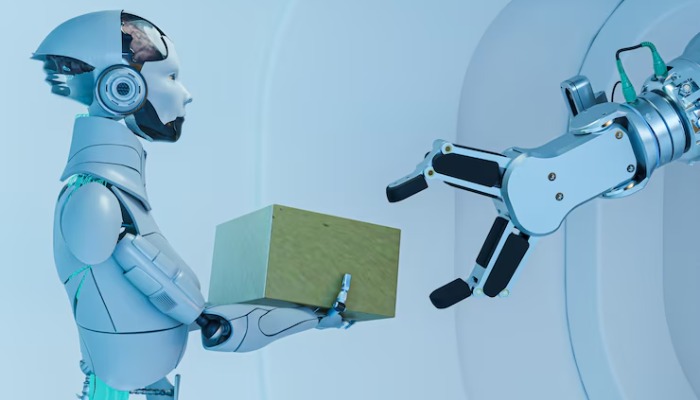 دو ربات در حال تحویل بسته-logestic-ai
