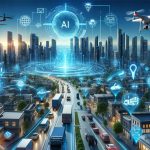 جاده و چند کامیون در آن و علامتهای ردیابی و هو ش مصنوعی-AI-GPS