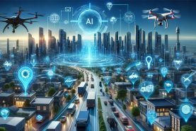 جاده و چند کامیون در آن و علامت‌های ردیابی و هو ش مصنوعی-AI-GPS