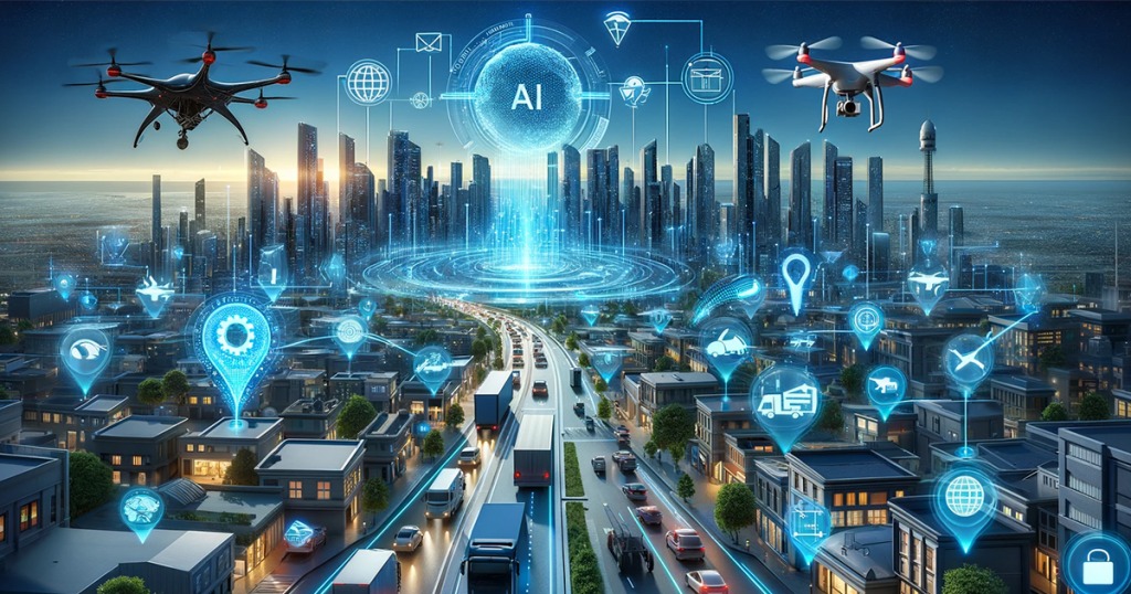 جاده و چند کامیون در آن و علامت‌های ردیابی و هو ش مصنوعی-AI-GPS
