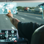 یک راننده در حال نگاه کردن به صفحه نمایش هوش مصنوعی-حمل و نقل جادهای