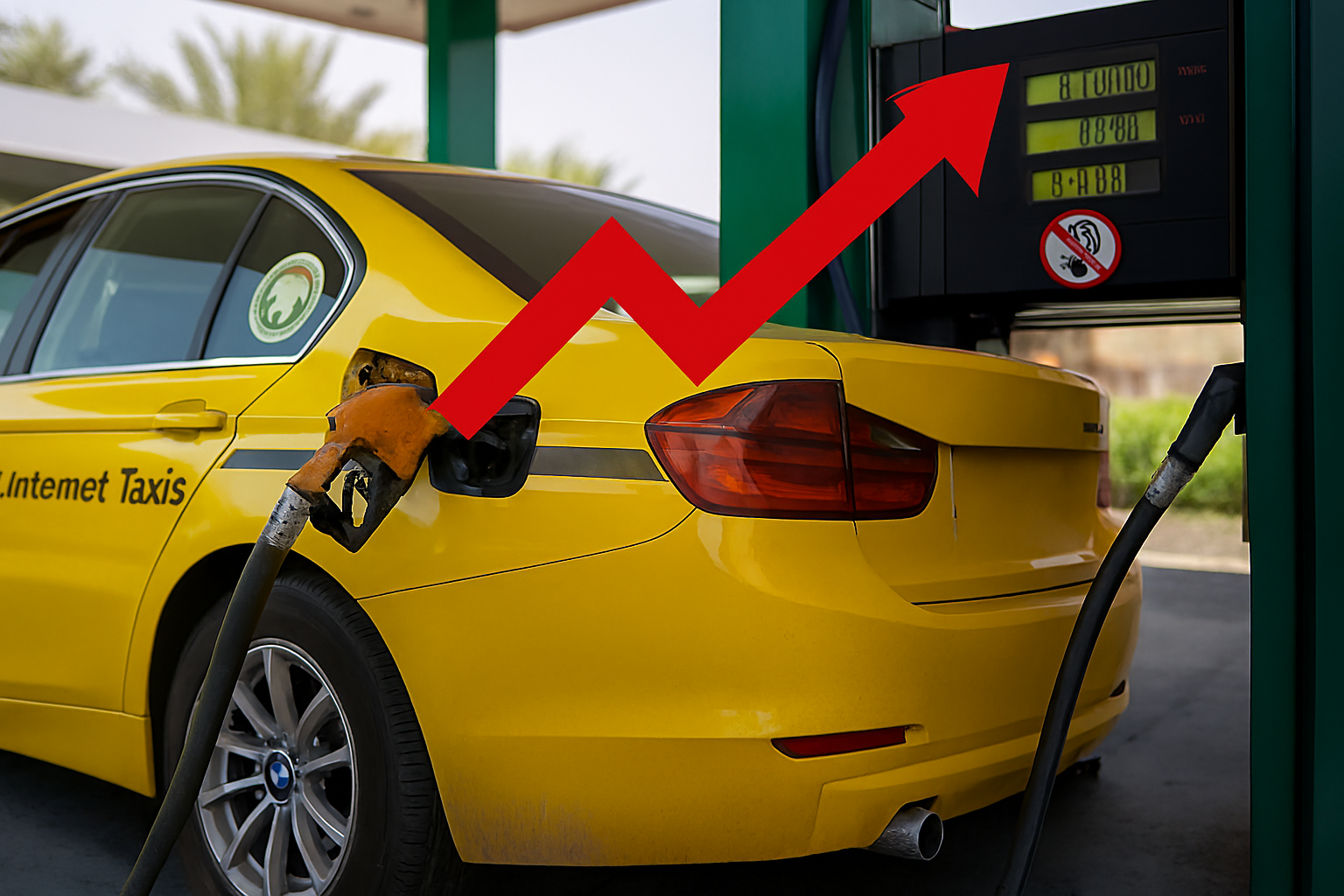 تاکسی زررنگ در پمپ بنزین و علامت فلش رو به بالا-سهمیه سوخت تاکسی اینترنتی