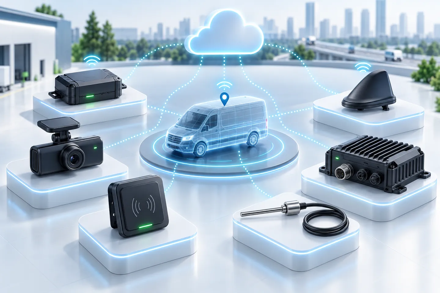 تصویر سه‌بعدی ردیاب خودرو، دوربین، حسگر، RFID و تجهیزات تلماتیک